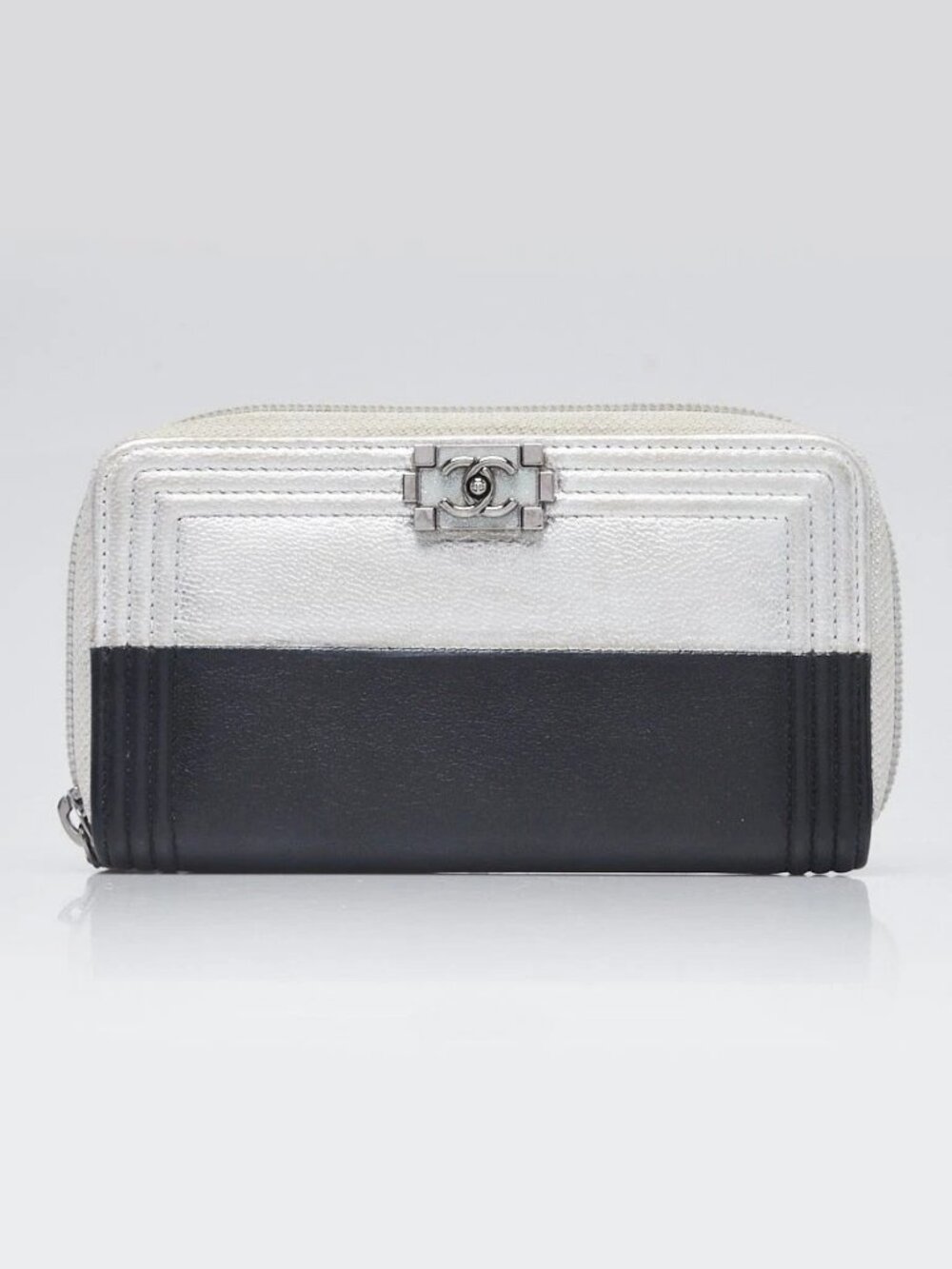 Chanel Black/Silver Leather Compact Boy Wallet